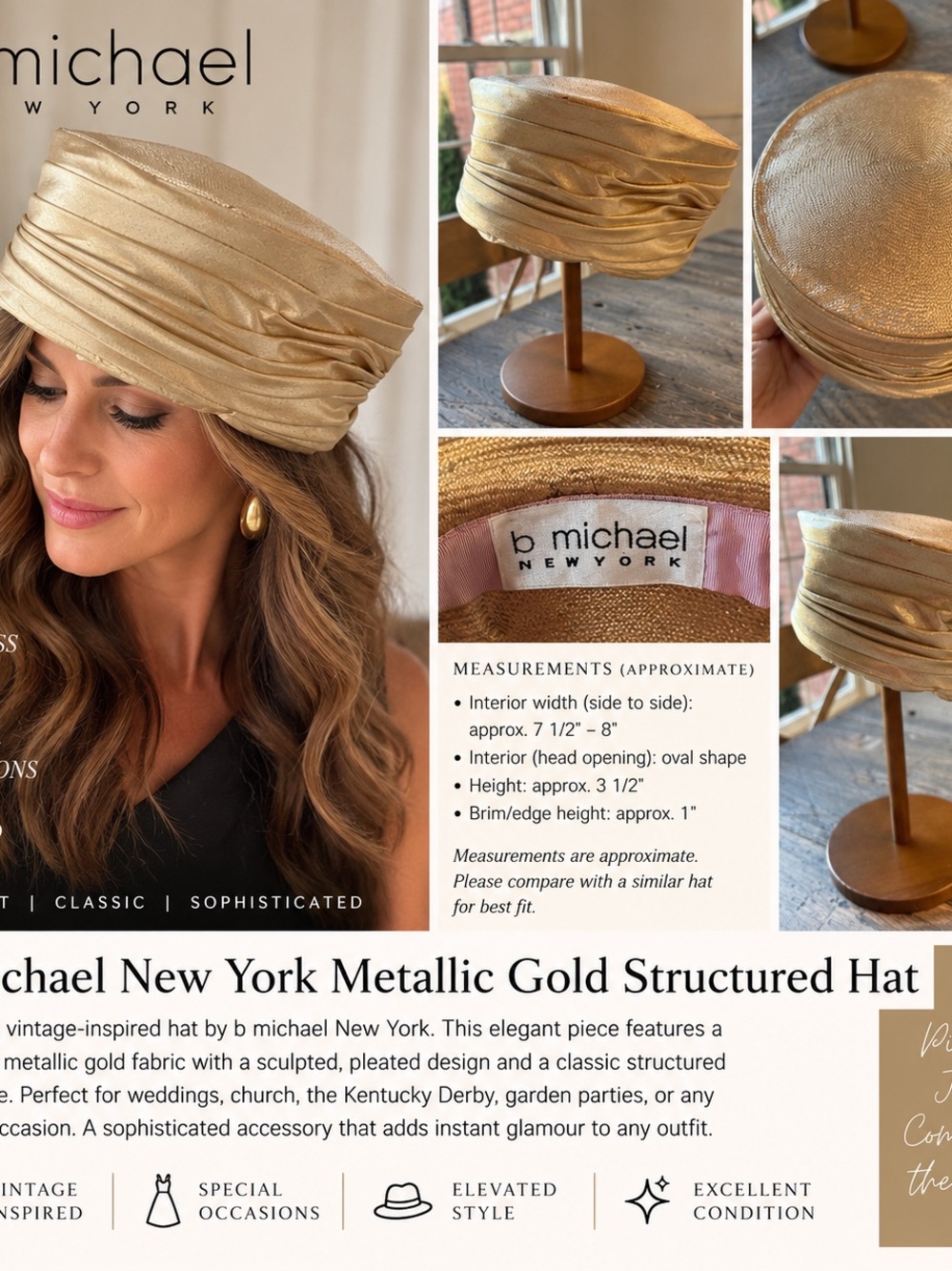 Metallic Gold Structured Women’s Hat vintage designer